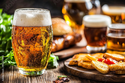 Close-up of a frothy beer mug with a wooden backdrop and fresh greens