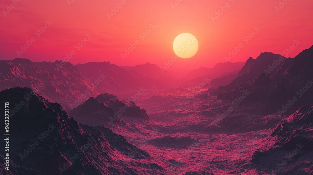 The sun sets over a mountain range in a red and pink sky, with mountains in both foreground and background The sun sets over a mountain range in a red and pink sky, with mountains in both foreground and background
