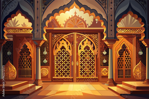 Ornate Islamic style doorway with intricate carvings and golden details, set against a dark background with stained glass windows
