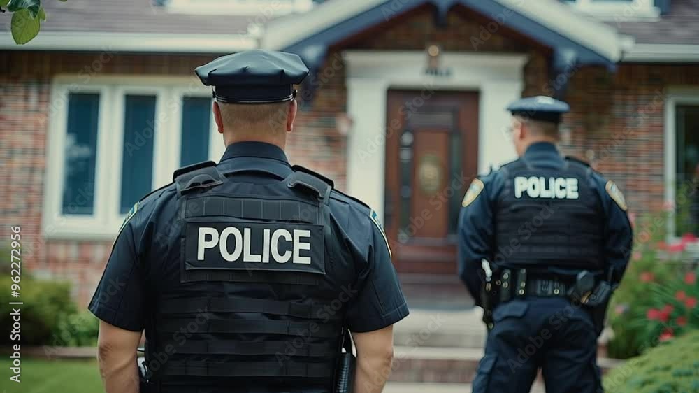 Police officers standing in front of a house Police officers standing in front of a house