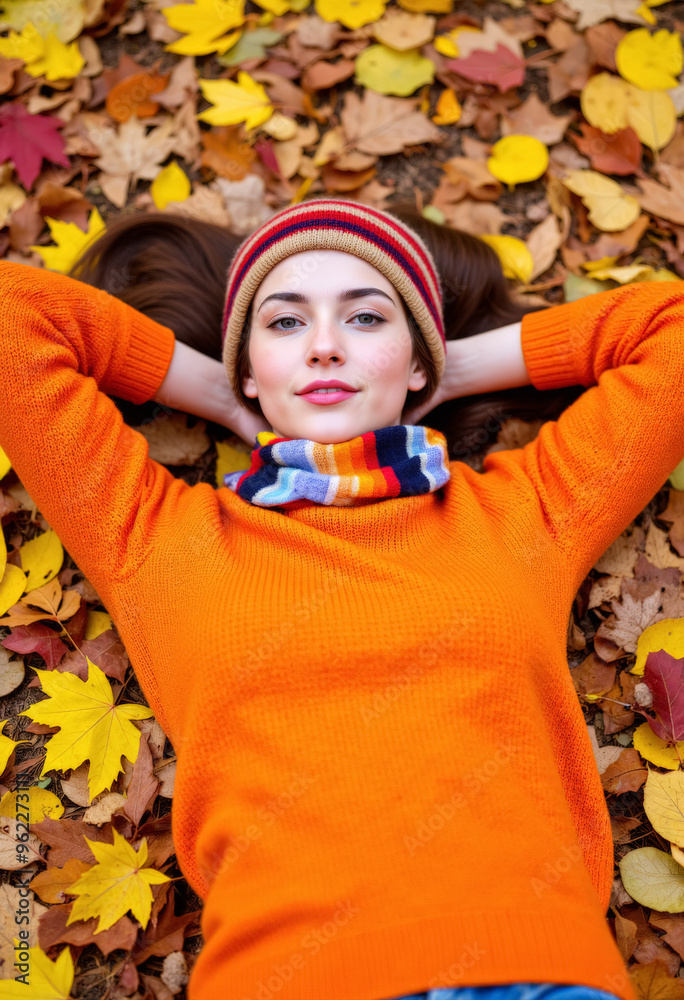 A girl in autumn clothes lies in colorful fallen leaves. A girl in autumn clothes lies in colorful fallen leaves.