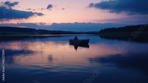  A small boat on water under a purple, blue sky with cloudy background