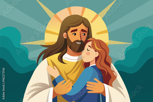 Jesus Christ embracing a woman with a loving expression and the sun shining behind him.  Concept of God's love, faith, and hope.