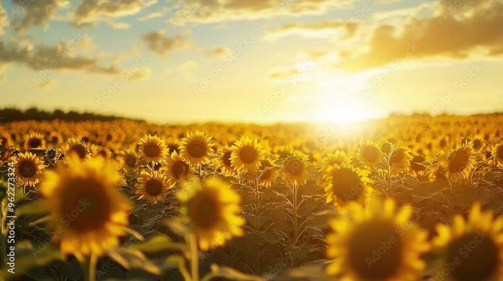 Obraz premium A vast sunflower field bathed in sunlight during midday