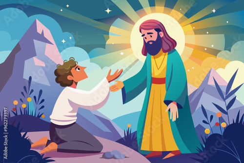Jesus and Mary in a biblical scene with a halo over Mary, in a flat cartoon style.