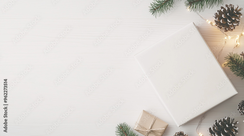 Fototapeta premium Holiday Cheer Essentials: Flat Lay of a Minimalistic White Corrugated Box on a Classic Wooden Table with Holiday Lights, Pinecones, and Seasonal Accents. photo