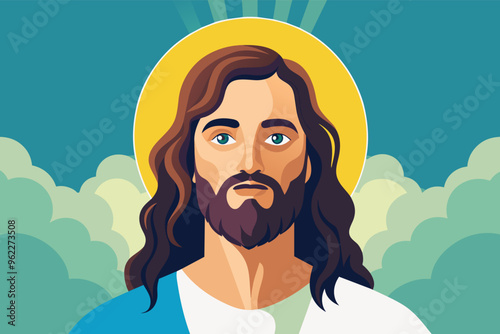 Jesus Christ illustration with sunbeams and clouds, Christian art