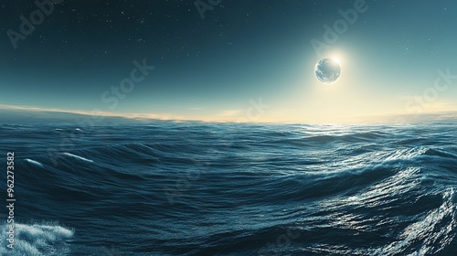   An artist's depiction of a celestial orb suspended amidst an expanse of liquid, with a distant luminary framed behind it photo