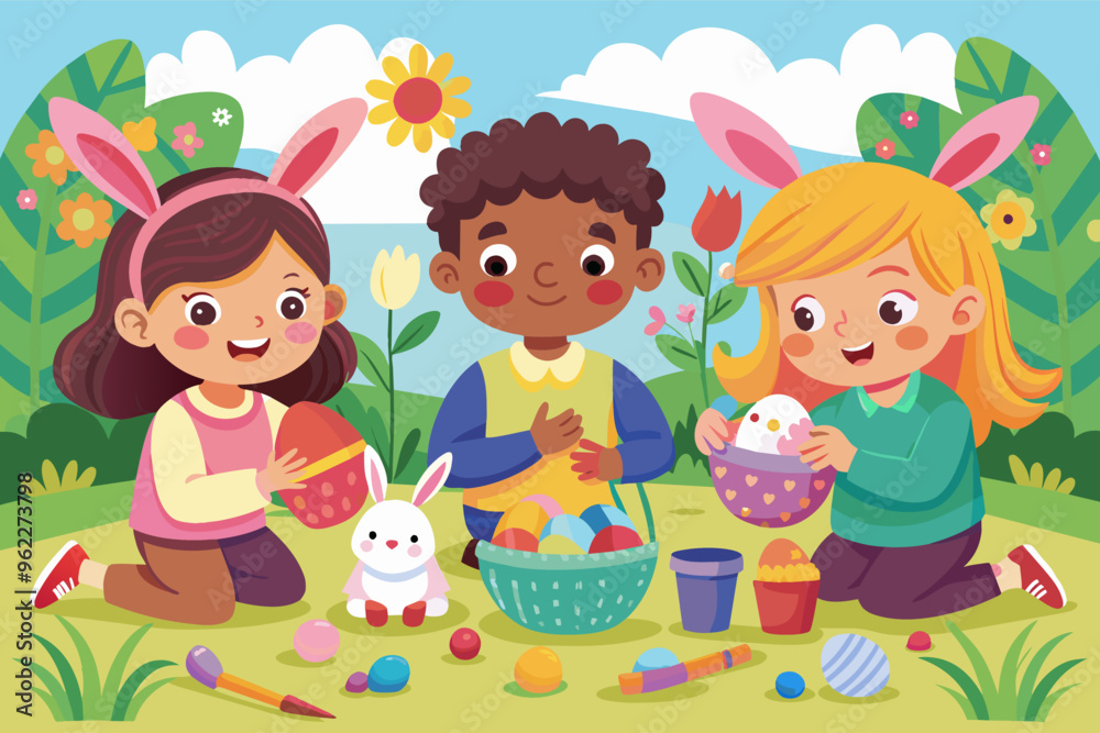 Three kids celebrating Easter together by painting and decorating eggs, with a bunny in the background. Three kids celebrating Easter together by painting and decorating eggs, with a bunny in the background.