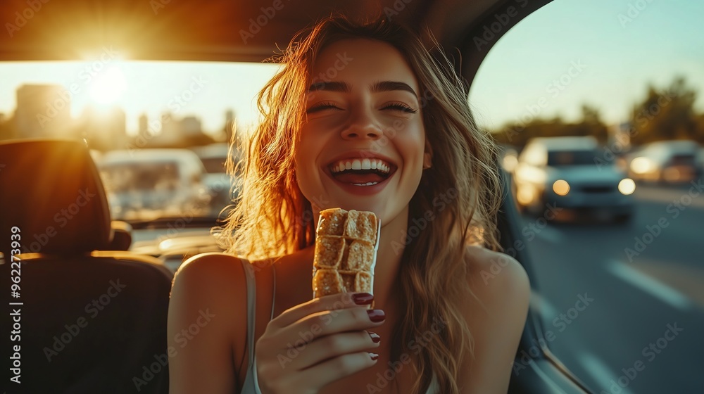 Joyful woman enjoying a protein bar in summer traffic