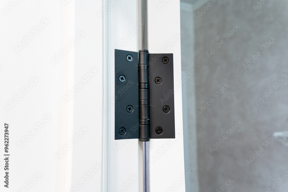 Detailed CloseUp View of a Stylish Black Door Hinge Positioned on a Contemporary Glass Door, showcasing its sleek design and function Detailed CloseUp View of a Stylish Black Door Hinge Positioned on a Contemporary Glass Door, showcasing its sleek design and function