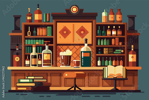 Bar counter with books, bottles, glasses, and a book on the table. Concept for cocktail bar, pub, lounge, restaurant, and nightlife