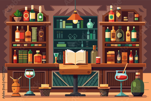 Bar counter with books, bottles, glasses, and a book on the table. Concept for cocktail bar, pub, lounge, restaurant, and nightlife