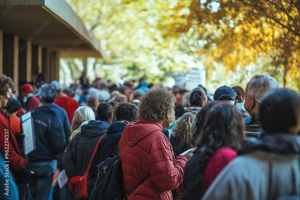 Vibrant crowd gathers for early voting on a sunny autumn day Vibrant crowd gathers for early voting on a sunny autumn day