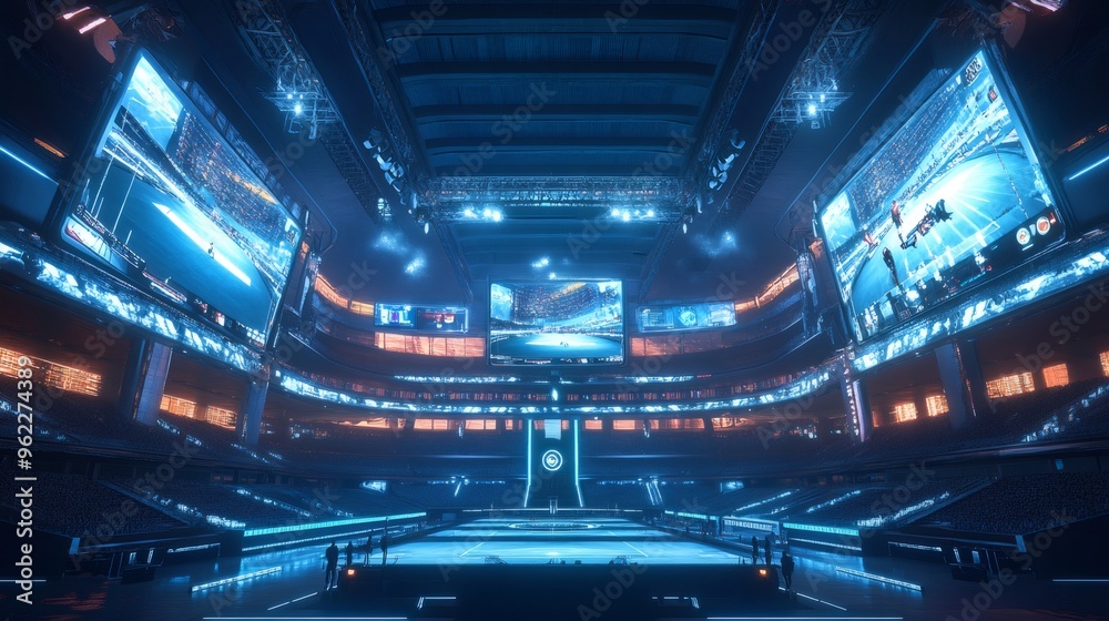 Futuristic arena with blue lights, screens showing action, and empty stage. Futuristic arena with blue lights, screens showing action, and empty stage.