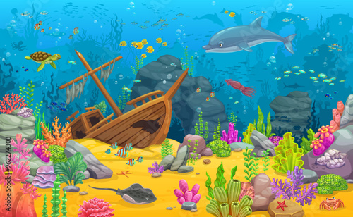 Cartoon underwater landscape with sunken ship, game map background with seaweeds and sea animals. Vector ocean bottom level location with shipwreck scene, coral reefs, fishes and tropical marine life