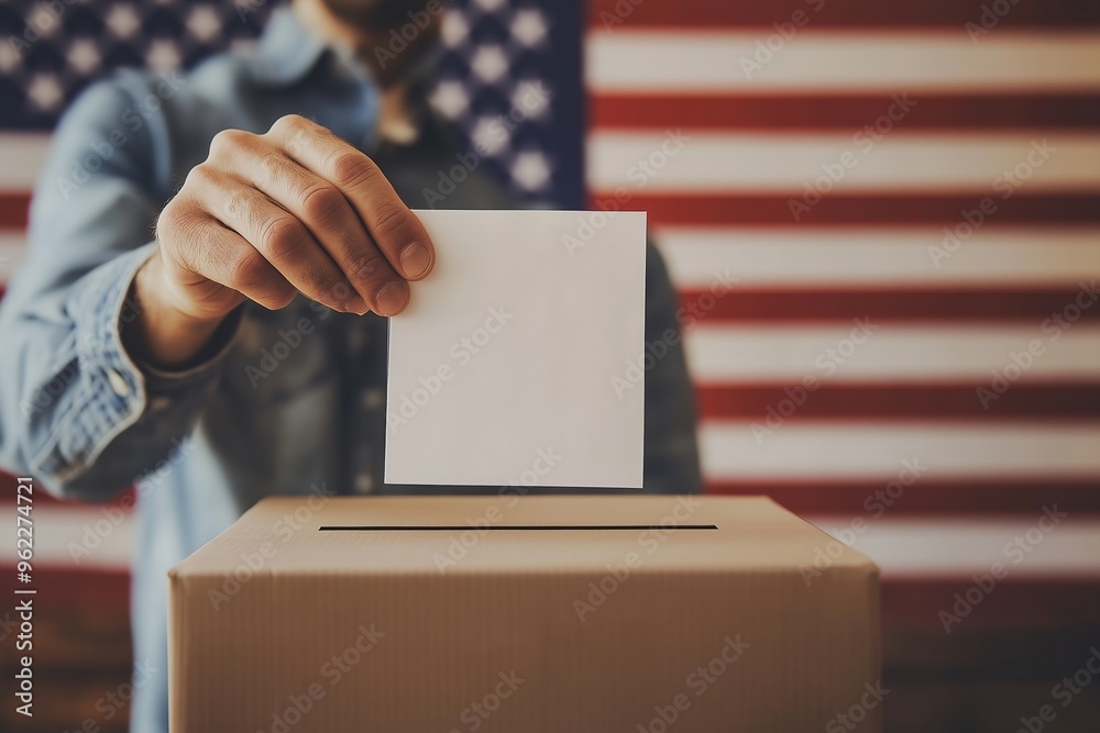 Confident voter casts ballot with pride near American flag Confident voter casts ballot with pride near American flag