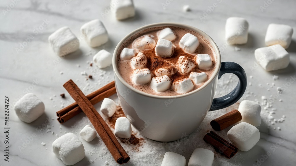 A cozy cup of hot chocolate topped with marshmallows, surrounded by cinnamon sticks and scattered marshmallows, creating a warm and inviting scene.
A cozy cup of hot chocolate topped with marshmallows, surrounded by cinnamon sticks and scattered marshmallows, creating a warm and inviting scene.