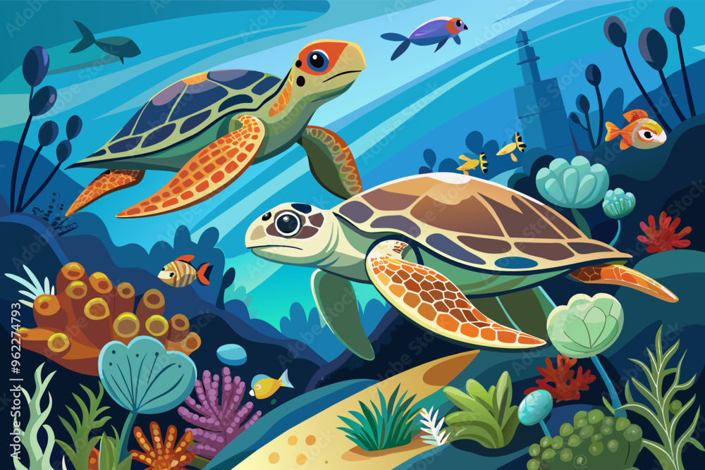 Sea Turtle and Baby Turtle Swimming in Vibrant Coral Reef with Colorful Fish Sea Turtle and Baby Turtle Swimming in Vibrant Coral Reef with Colorful Fish