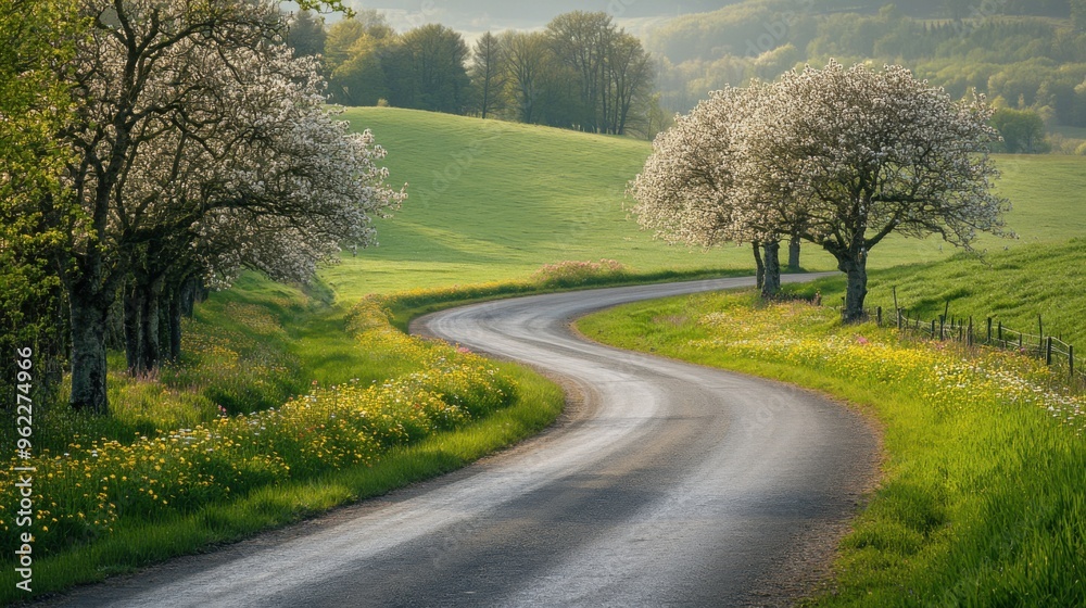 A picturesque view of a winding country road lined with flowering trees and lush A picturesque view of a winding country road lined with flowering trees and lush
