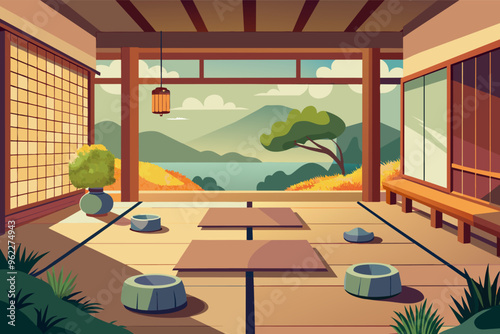 Japanese Zen Garden Patio with Bonsai Tree and Mountain View