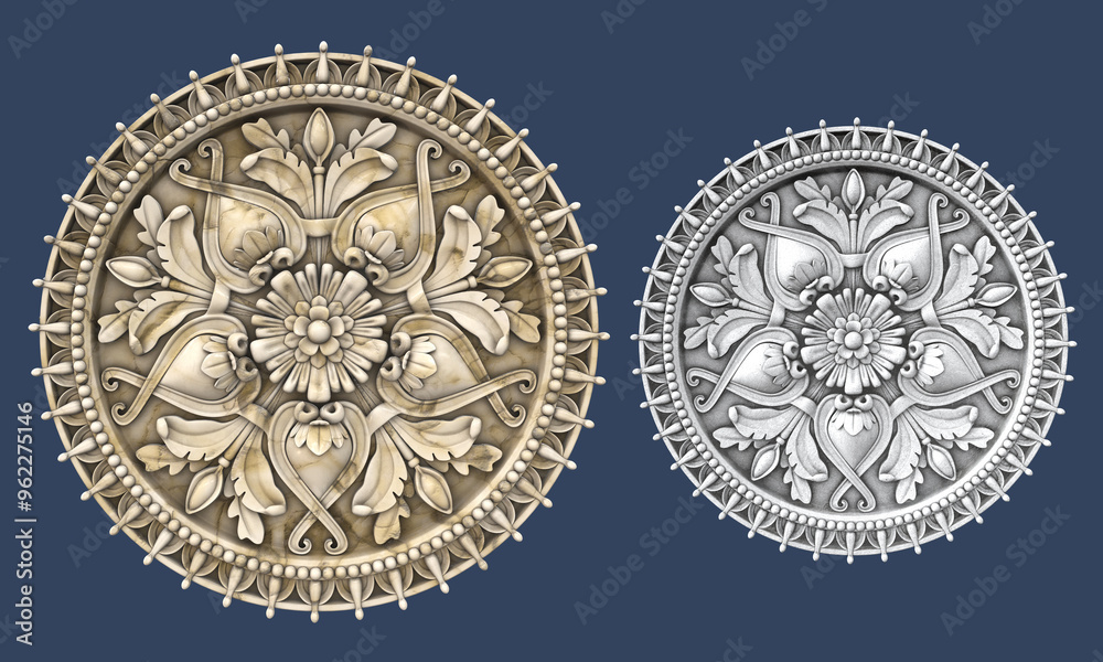 Ornament in a circle of marble and concrete, historical, architectural stucco, vintage floral background with embossing, medieval pattern, 3d render