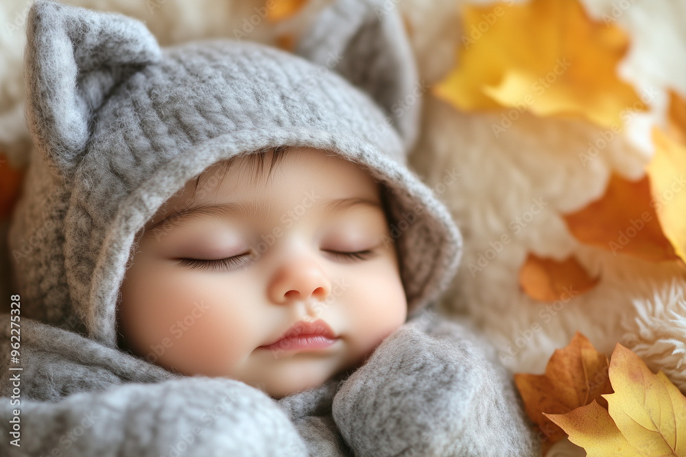 Peaceful white baby sleeping soundly amid colorful autumn leaves in cozy setting Peaceful white baby sleeping soundly amid colorful autumn leaves in cozy setting