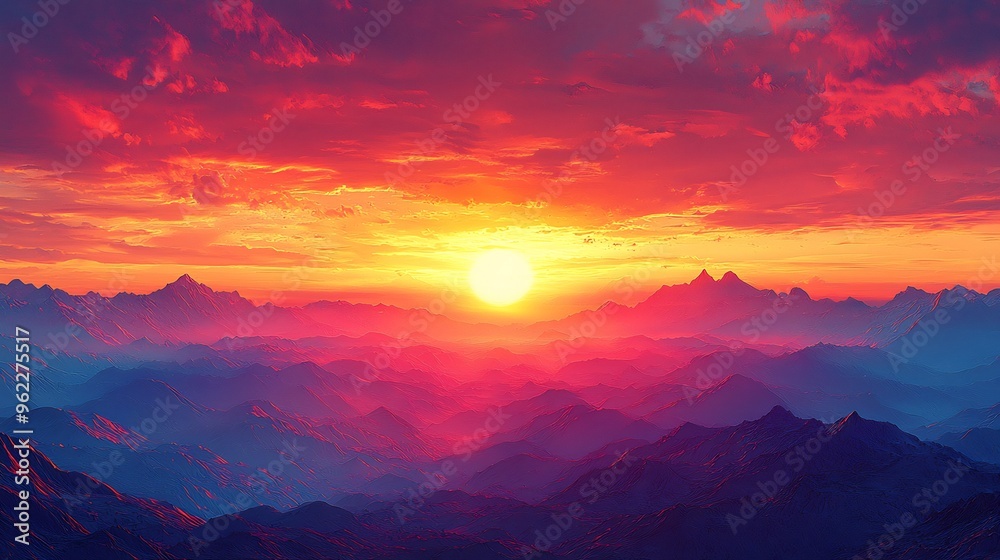 Fototapeta premium Vibrant sunset over a mountain range with the sky glowing in warm hues