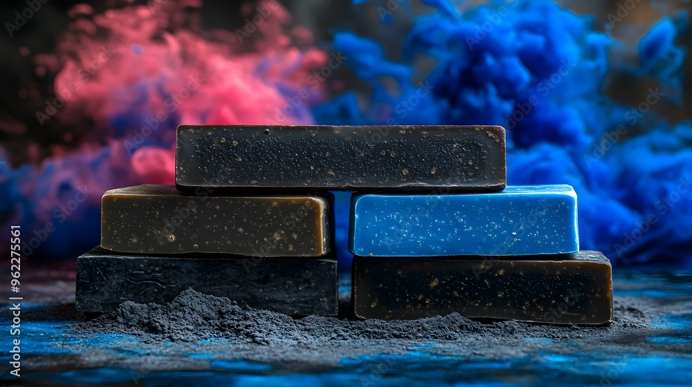 Vibrant Display of Artisan Soap Bars, Colorful Arrangements, Textured Surfaces, Inviting Fragrance, Decorative Elements, Contemporary Aesthetic Vibrant Display of Artisan Soap Bars, Colorful Arrangements, Textured Surfaces, Inviting Fragrance, Decorative Elements, Contemporary Aesthetic