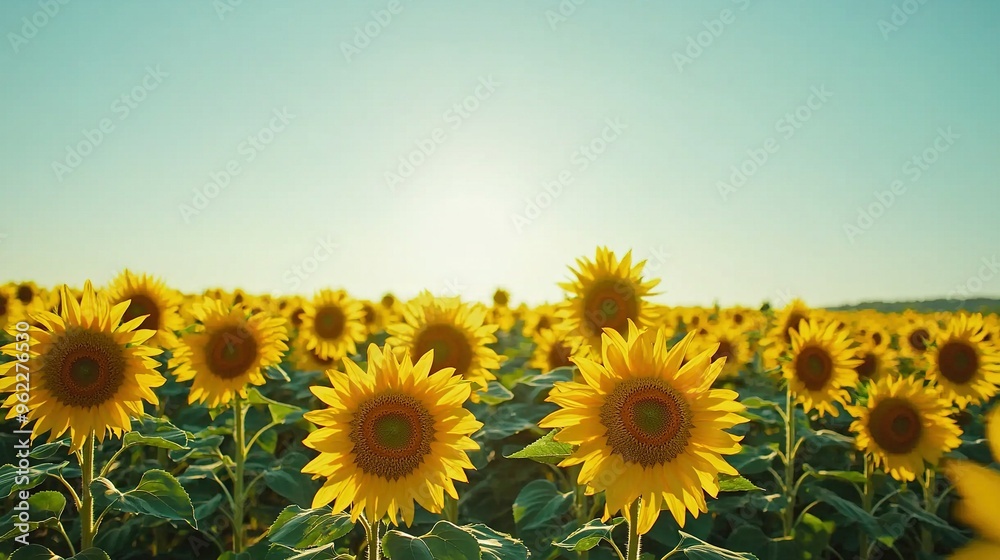 Fototapeta premium A lush sunflower field under a cloudless blue sky
