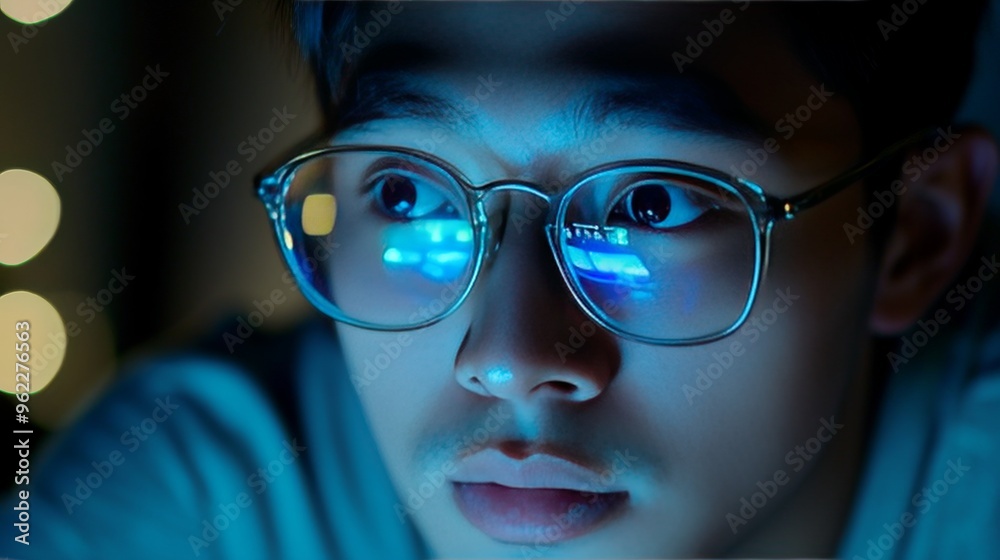 Close up of Young Asian man in glasses watching videos and surfing internet on technology device in the dark Close up of Young Asian man in glasses watching videos and surfing internet on technology device in the dark