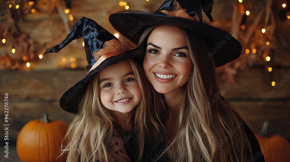 Cute little girl and her beautiful mom in witch hats are looking at camera and smiling while sitting on wooden background decorated for Halloween Cute little girl and her beautiful mom in witch hats are looking at camera and smiling while sitting on wooden background decorated for Halloween