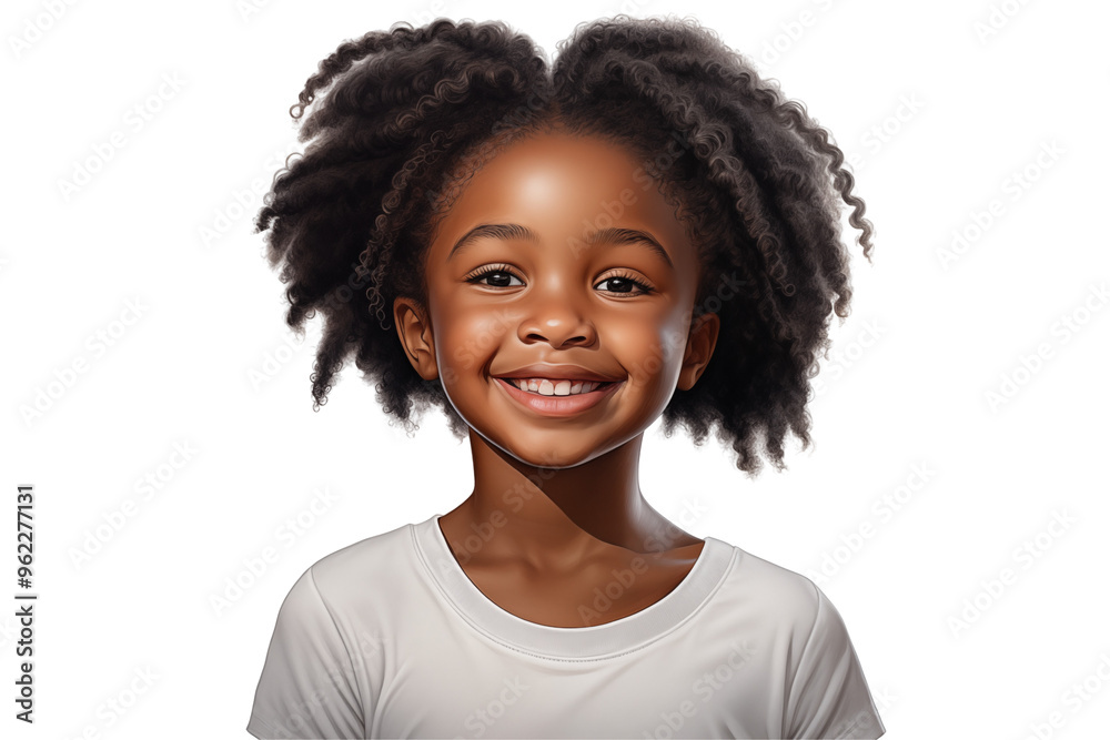 Young black girl smiling on transparent background. PNG cut out. Vector. Childhood themes. African girl. Afro-American girl. Image for graphic designer. Image for flyers.