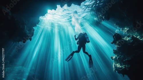 A serene image of a diver exploring a crystal-clear underwater cave photo