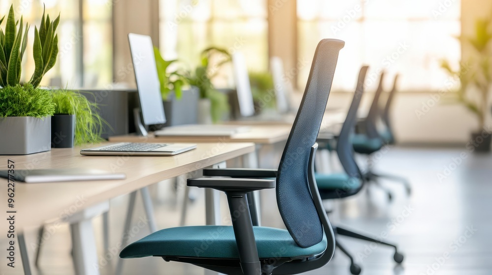Productive co-working environment with shared desks, ergonomic chairs, and greenery, promoting a healthy and focused workspace Productive co-working environment with shared desks, ergonomic chairs, and greenery, promoting a healthy and focused workspace