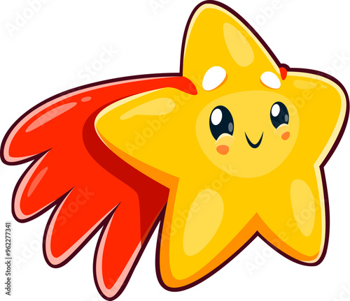 Cute kawaii superhero star character. Isolated cartoon vector adorable twinkle super star with a happy face and red cape, exudes cuteness, positivity, fun, joy and heroics for kids game or comic book