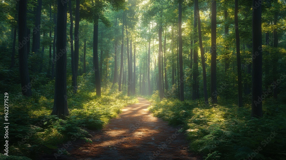 A serene forest path winding through tall A serene forest path winding through tall