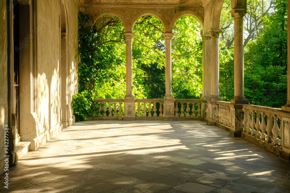 Obraz premium Sunlight Bathes an Ancient Balcony Overlooking a Lush Garden, a Tranquil Oasis of Stone and Greenery