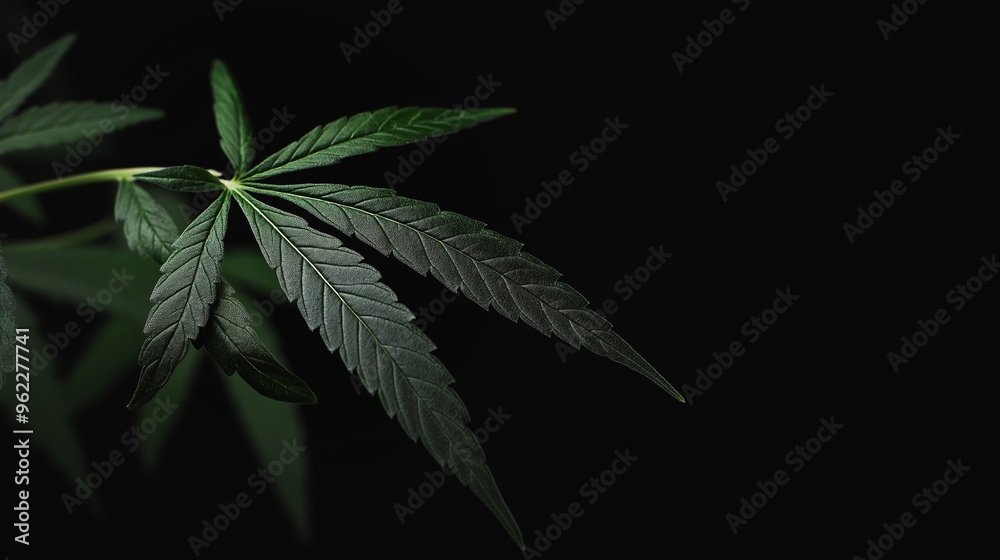 Isolated cannabis leaf on a dark black background showcasing its intricate serrated edges and vibrant green color details Isolated cannabis leaf on a dark black background showcasing its intricate serrated edges and vibrant green color details