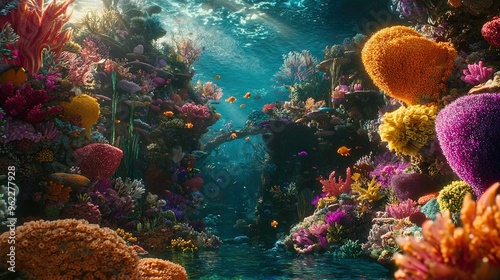   A vibrant marine world below, filled with coral, fish, & diverse aquatic life photo