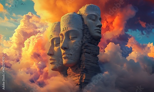 Stone Faces Emerging From Clouds During Sunset photo