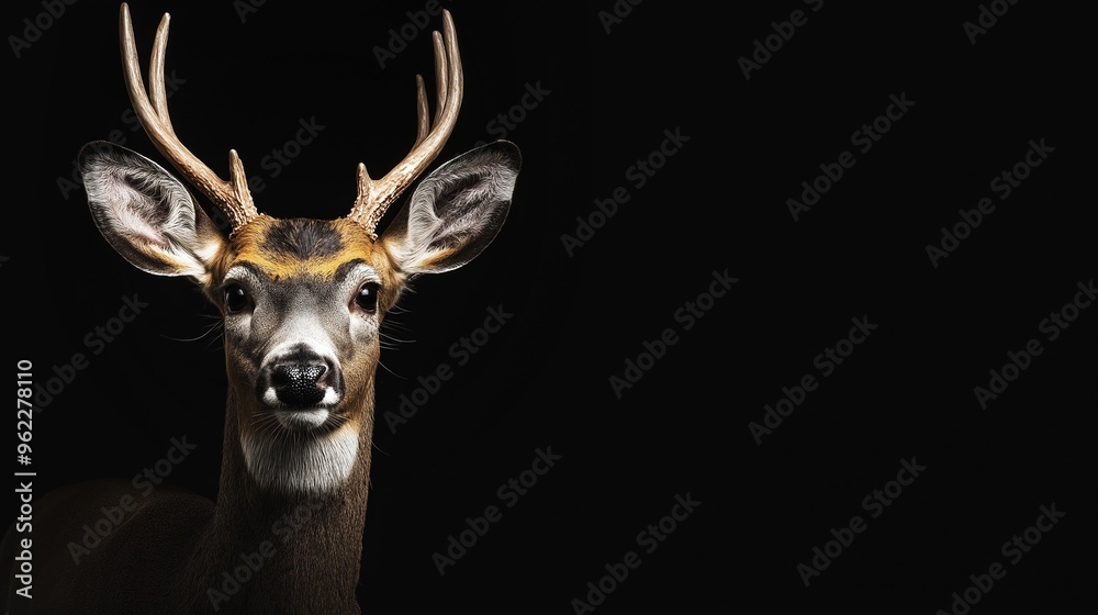 Fototapeta premium Close-Up of a Majestic White-Tailed Deer Isolated on a Black Background with Beautiful Detail and Striking Features