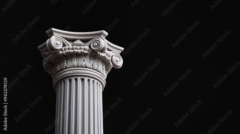 Elegant Single White Ionic Column Isolated on Black Background, Showcasing Classic Architectural Design and Detail Elegant Single White Ionic Column Isolated on Black Background, Showcasing Classic Architectural Design and Detail