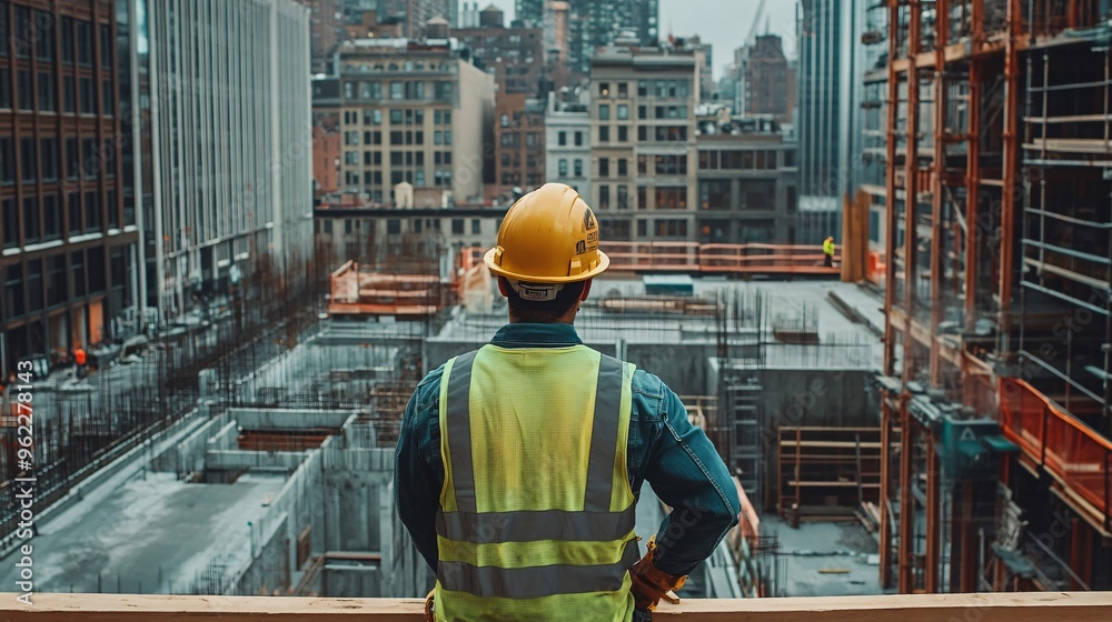 construction worker in a hard hat operating a crane at a busy building site, copy space construction worker in a hard hat operating a crane at a busy building site, copy space