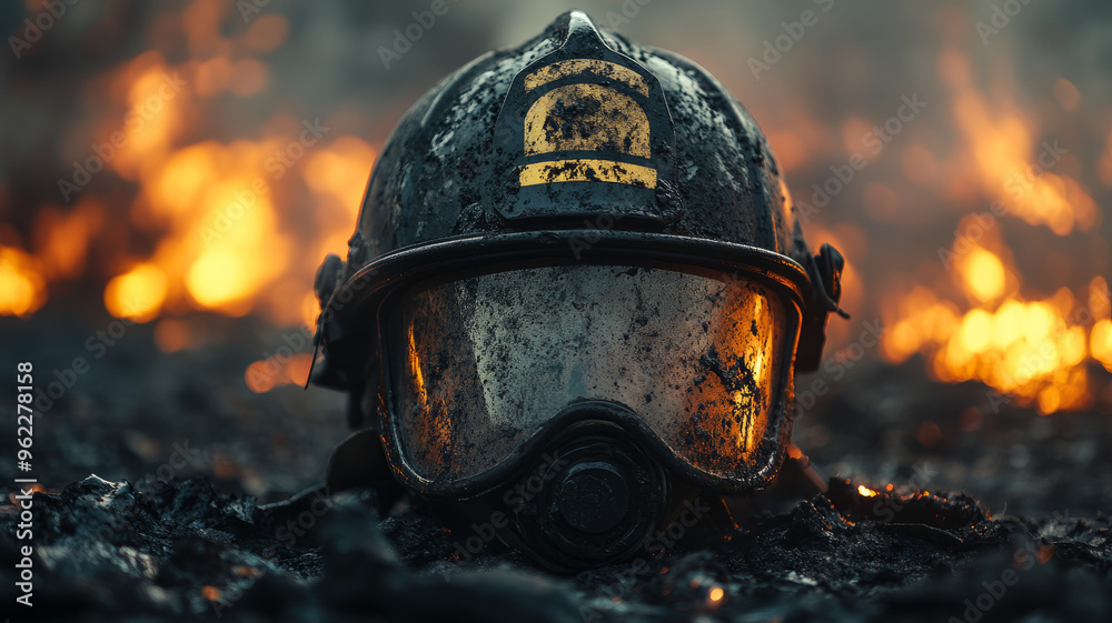 Burned firefighter helmet on the ground with flames in the background. Burned firefighter helmet on the ground with flames in the background.