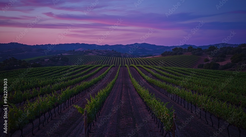 A stunning view of a vineyard bathed in sunlight, set against majestic mountains and a captivating pink sky A stunning view of a vineyard bathed in sunlight, set against majestic mountains and a captivating pink sky