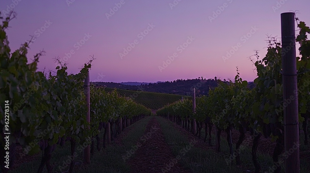 Naklejka premium A row of trees in a field with a hill in the distance under a purple sky