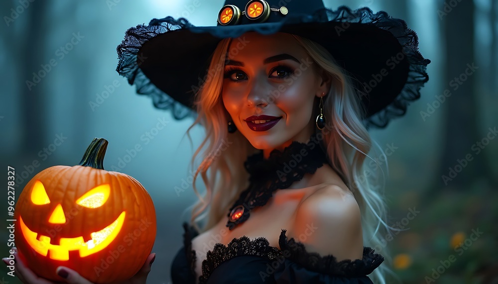 woman wearing a Halloween costume and holding a Jack-o'-lantern woman wearing a Halloween costume and holding a Jack-o'-lantern