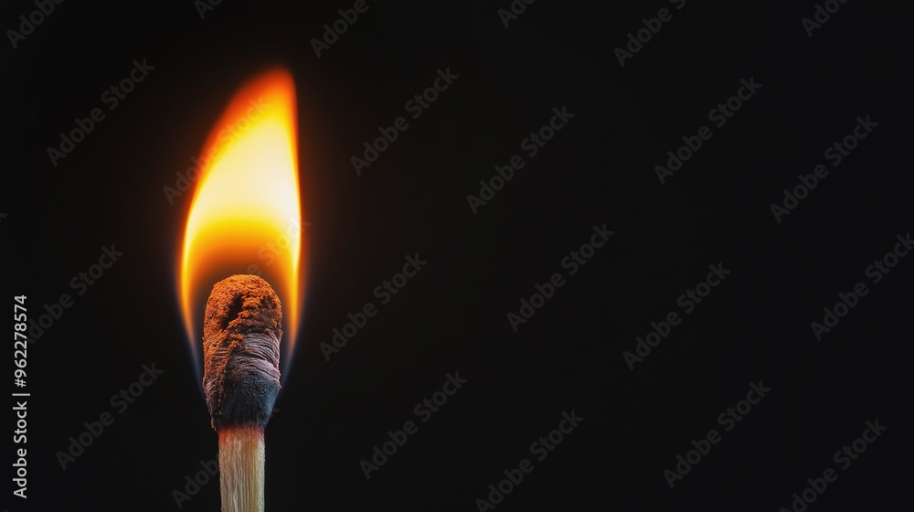 Single lit matchstick with a burnt head and vibrant orange flame against a deep black background creating a striking contrast