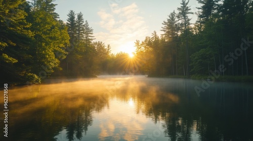 A scenic view of a tranquil lake at sunrise